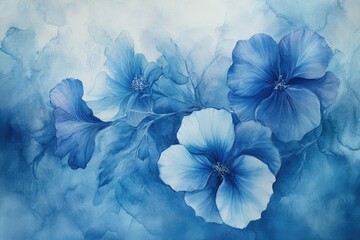 Elegant Blue Floral Watercolor Painting with Soft Petal Details.