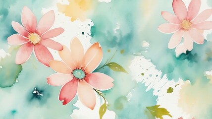 Watercolor Flowers Painting with Abstract Background in Delicate Pastel Shades