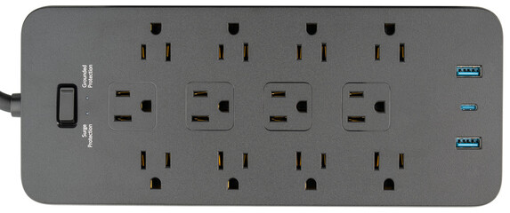 Power strip. Surge protector with 12 Outlets, USB and USB-C Ports type A class 5V 2.1A. Extension electric cord. Black cord, with flat plug. Wall Mount, desktop charging station for home, office, dorm