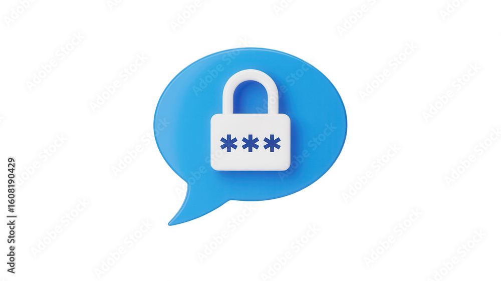 Poster secure messaging is here, featuring a white padlock with asterisks inside a blue speech bubble, ensu