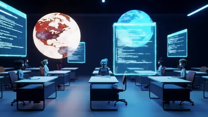 Futuristic classroom environment with students and holographic displays, global technology education - Powered by Adobe