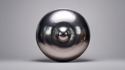 Spherical metal object with a central depression on a gray background