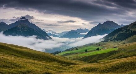 Fototapeta premium Majestic Mountain Landscape with Rolling Hills and Wispy Clouds