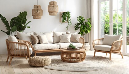 Bright boho living room with rattan furniture, indoor plants, and cozy cushions. Natural textures and neutral tones create a calm, airy, and stylish interior atmosphere.