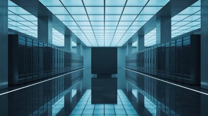 Futuristic server room with rows of data storage units and blue lighting