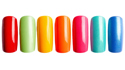 Bright and vibrant nail polish colors arranged row, showcasing variety of shades including red, green, yellow, orange, pink, and blue