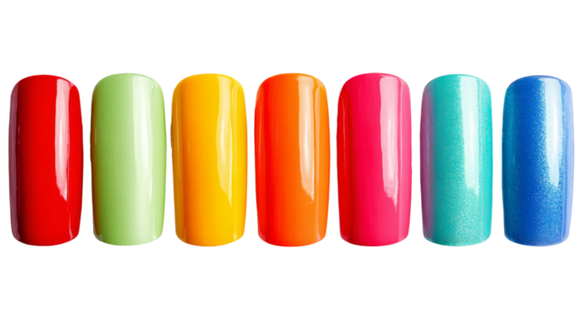 Bright and vibrant nail polish colors arranged row, showcasing variety of shades including red, green, yellow, orange, pink, and blue