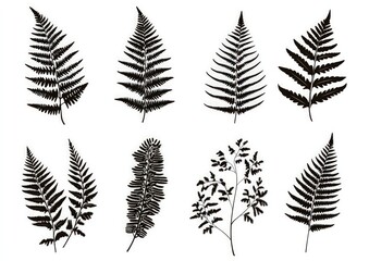 Eight detailed fern frond silhouettes in black and white