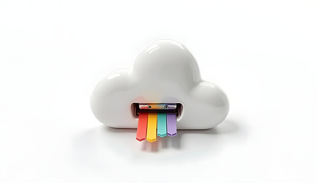 3D plastic-style icon of a cute white cloud shaped like a stapler with rainbow-colored staples in its mouth, glossy texture and soft shadows, on a clean white background