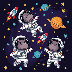 Three adorable hippos in spacesuits floating in space, perfect for children's books, websites, or apparel.