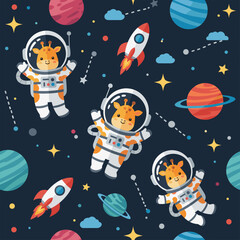 Fototapeta premium Adorable Giraffe Astronauts in Space: Seamless Pattern for Kids' Products