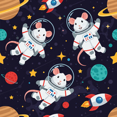 Adorable mice astronauts in space: A seamless pattern perfect for kids' products, textiles, or websites.