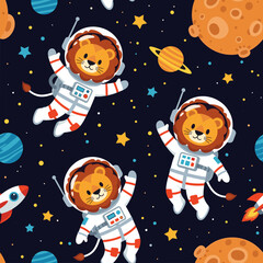 Cute lion astronauts in space: seamless pattern for kids' textile, wallpaper, or book illustrations.