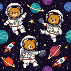 Cute teddy bears in astronaut suits floating in space, perfect for children's books or textile prints.