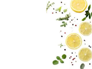 Vibrant lemon slices and fresh herbs scattered with peppercorns and salt create a dynamic culinary composition perfect for food blogs recipe cards and healthy lifestyle promotions