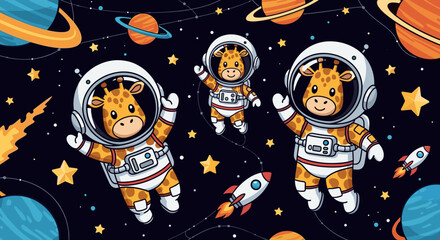 Cute Giraffes in Space: Astronaut Giraffes floating among stars and planets. Perfect for kids' books, textiles, and space-themed designs.