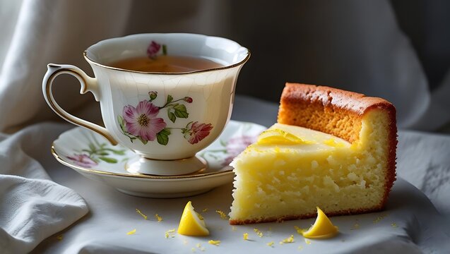 Elegant tea time with lemon cake and floral cup