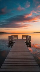 Obraz premium Serene waterfront pier under a vibrant sunset horizon displaying beauty