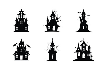 Collection of spooky haunted houses with bats and creepy trees silhouette
