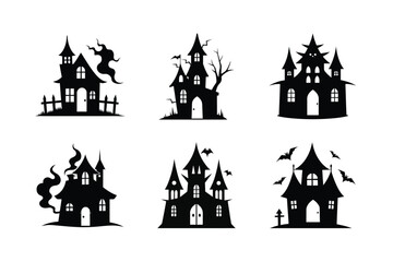 Collection of spooky haunted houses and gothic castles in a dramatic silhouette