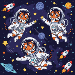 Three cute tigers in spacesuits floating in space, perfect for children's books, apparel, or websites.
