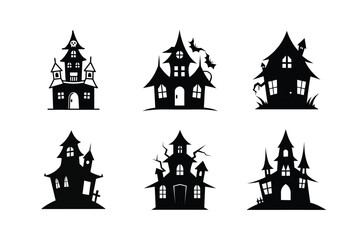 Collection of spooky haunted mansions and castles in a black silhouette style