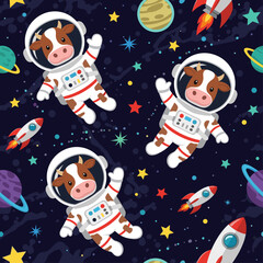 Cute cows in spacesuits floating in space, perfect for children's book illustrations or textile designs.