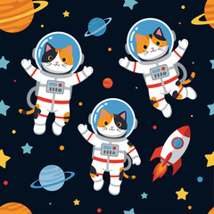 Cute cats in spacesuits floating in space, perfect for children's books, textiles, or websites.