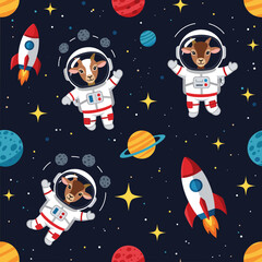 Cute goats in spacesuits floating in space, perfect for kids' apparel or space-themed designs.
