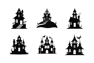 Collection of spooky haunted mansions and castles in a black silhouette style for halloween