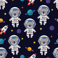 Adorable koala astronauts in space: seamless pattern for kids' textiles, wallpaper, or wrapping paper.