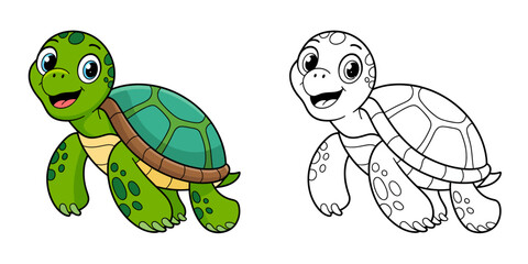 Obraz premium Happy green sea turtle swimming cartoon illustration