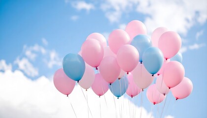 Pink and blue balloons float in a bright sky. Perfect for celebration, baby shower, or party themes.