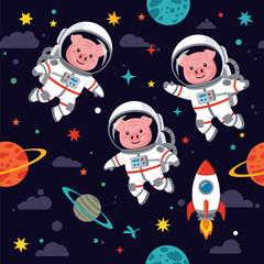 Cute pigs in astronaut suits floating in space, perfect for kids' apparel, textile designs, or space-themed projects.