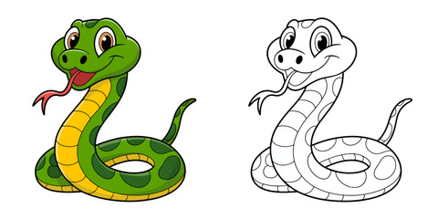 Fototapeta premium Green cartoon snake with yellow belly illustration