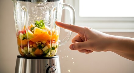 A person's hand points at a glass blender filled with chopped fresh fruits and vegetables, ready for making a healthy smoothie.