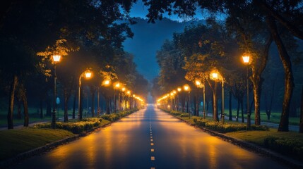 Night Street Scene with Streetlights