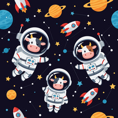 Cute cows in spacesuits floating in space, perfect for children's books, textiles, or websites.