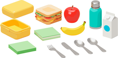 Isometric illustration showing healthy lunchbox food with a sandwich, fruits, and utensils