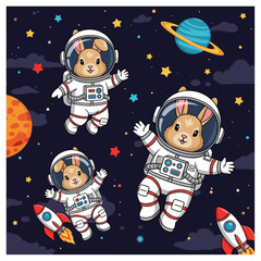 Adorable bunnies in astronaut suits floating in space, perfect for children's books, websites, or educational materials.