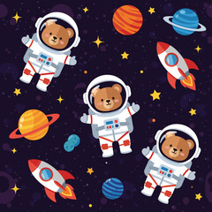 Cute teddy bear astronauts in space, perfect for children's books, textiles, or websites.