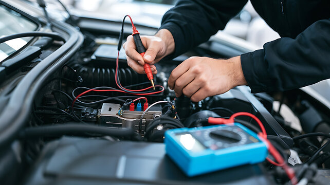 Skilled mechanic meticulously diagnoses car engine issues using a multimeter for precise electrical diagnostics and expert repair services.