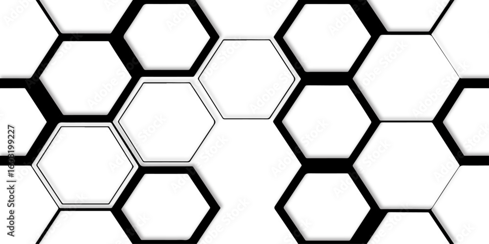 Poster abstract background with white and black hexagons arranged in a geometric pattern design element.