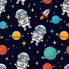 Fototapeta premium Adorable cats in spacesuits exploring the cosmos; perfect for children's books, textiles, or space-themed websites.