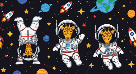 Cute giraffes in spacesuits floating in space, perfect for children's books, apparel, or websites. © Pattern Library