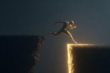 A figure takes a leap of faith across a chasm, a dynamic concept of taking action, commitment, and overcoming obstacles.

