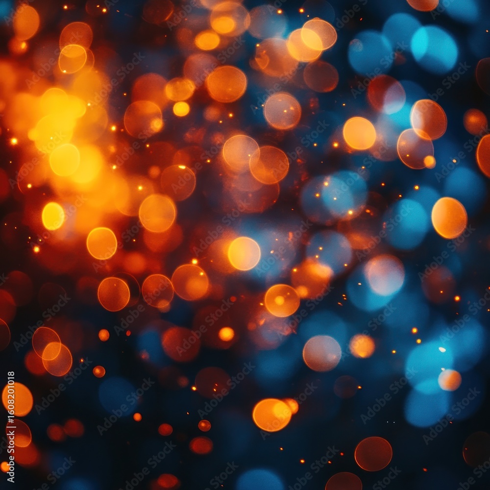 Poster abstract background featuring blurred orange and blue bokeh lights on a dark surface creating a drea