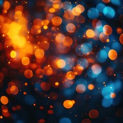 Abstract background featuring blurred orange and blue bokeh lights on a dark surface creating a dreamy effect