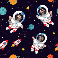 Cute moles in spacesuits floating in space. Perfect for children's books, textiles, or space-themed websites.