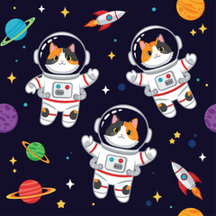 Cute calico cats in spacesuits floating in space, perfect for children's books, textiles, or websites.
